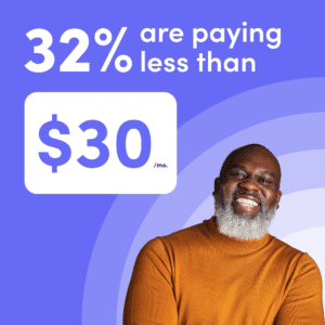 Man smiling against purple gradient background with the text "32% are playing less than $30"