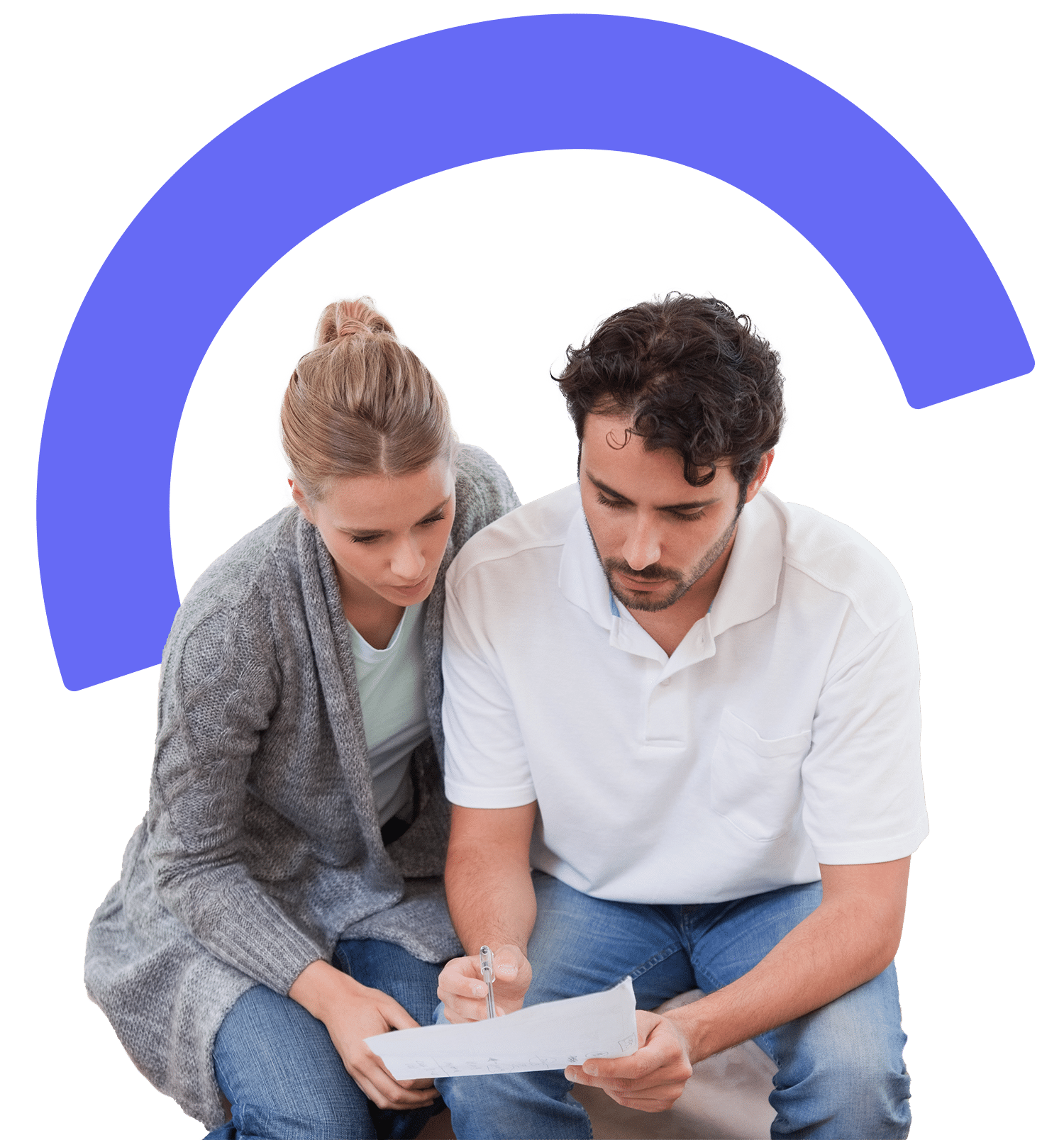 Man and woman sitting together looking at a paper with the Pennie arch over them